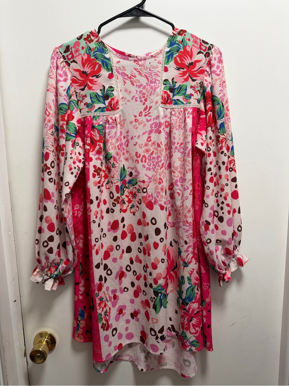 Umgee Mixed Print Crochet Trim Dress Sz S Rose/Fuchsia Boho Chic Floral